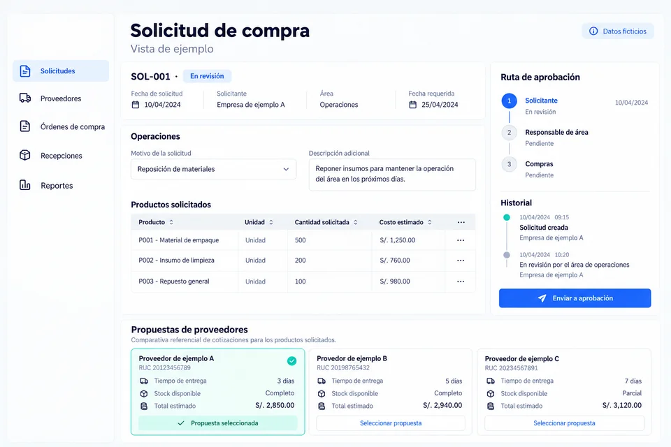 Diseño conceptual de compras, proveedores y aprobaciones; datos ficticios.