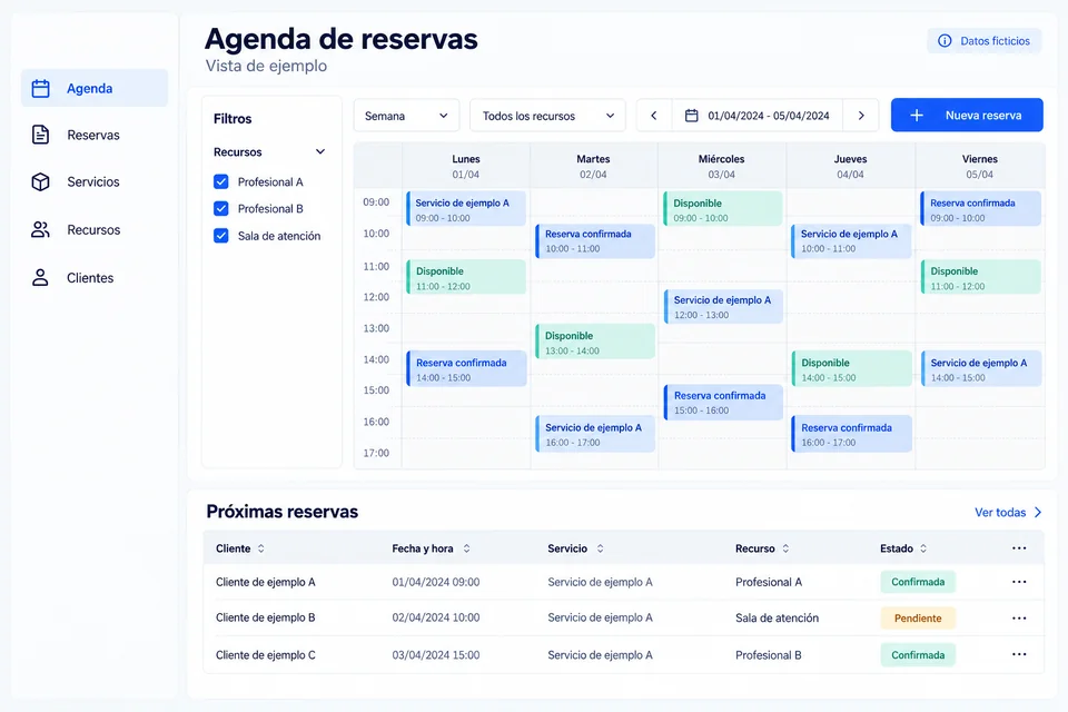 Diseño conceptual de reservas, citas y disponibilidad; datos ficticios.