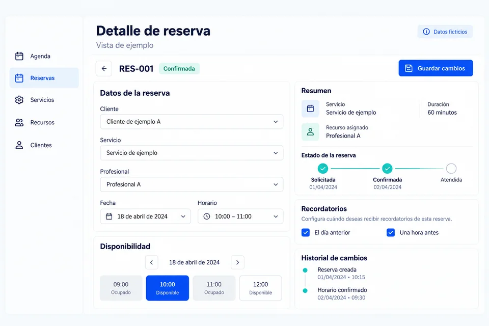 Ejemplo de ficha de reserva con recursos y estado; datos ficticios.