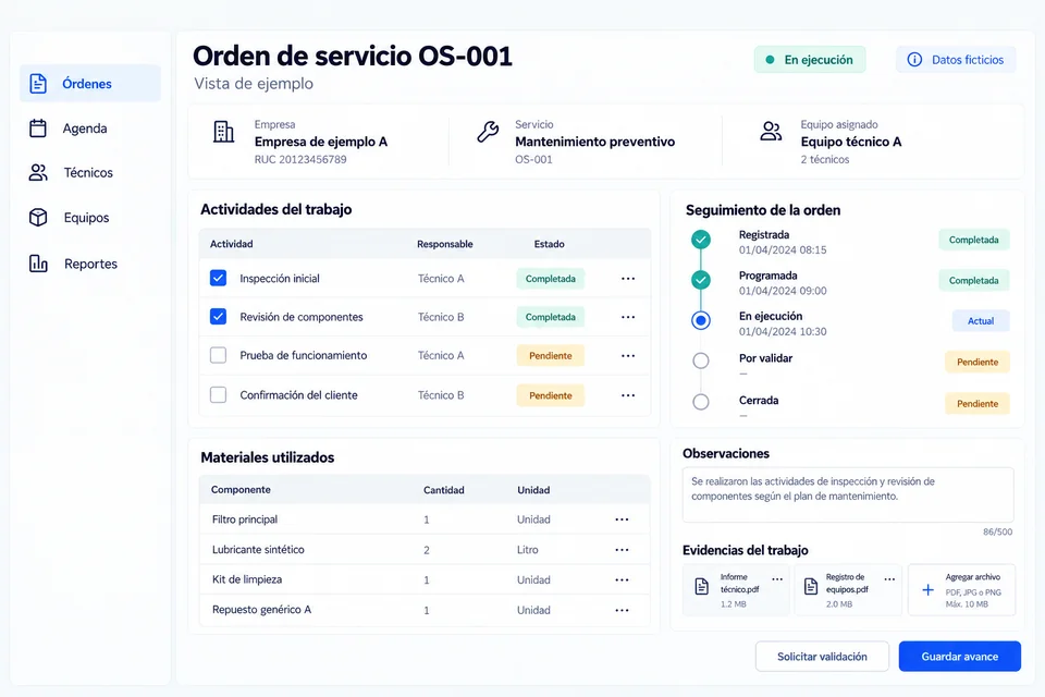 Ejemplo de orden de servicio con tareas y materiales; datos ficticios.