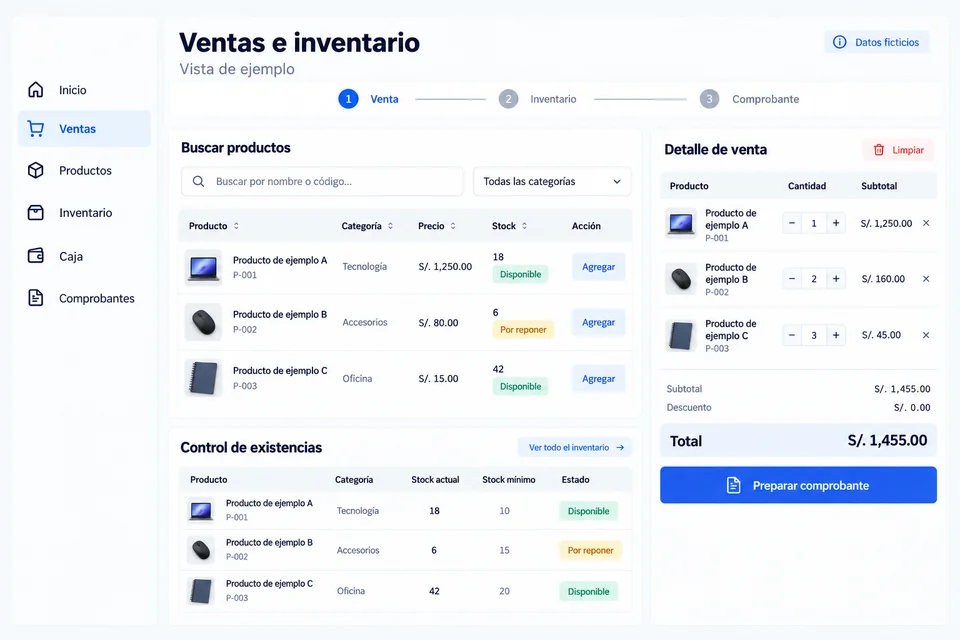 Diseño conceptual de una venta con productos, cantidades y disponibilidad; datos ficticios.